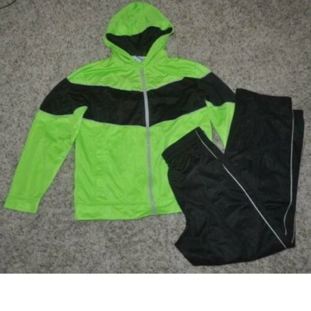 Boys Track Pants & Jacket 14/16 Black Green Zip Up 2 Pc Athletic Starter Set